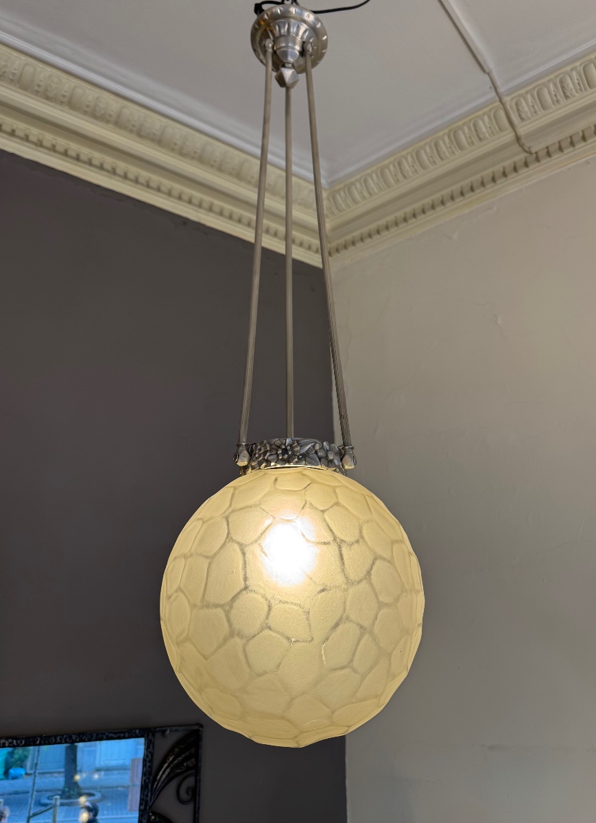 Grande Suspension Art Déco «  Boule à facettes » Genet & Michon / bronze nickelé ( deco 1930 ) -photo-3