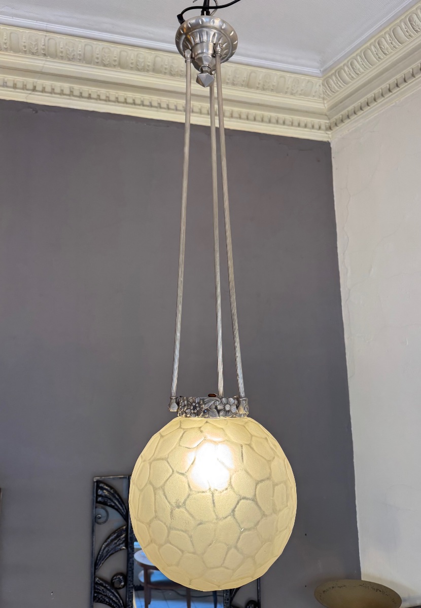 Grande Suspension Art Déco «  Boule à facettes » Genet & Michon / bronze nickelé ( deco 1930 ) -photo-4