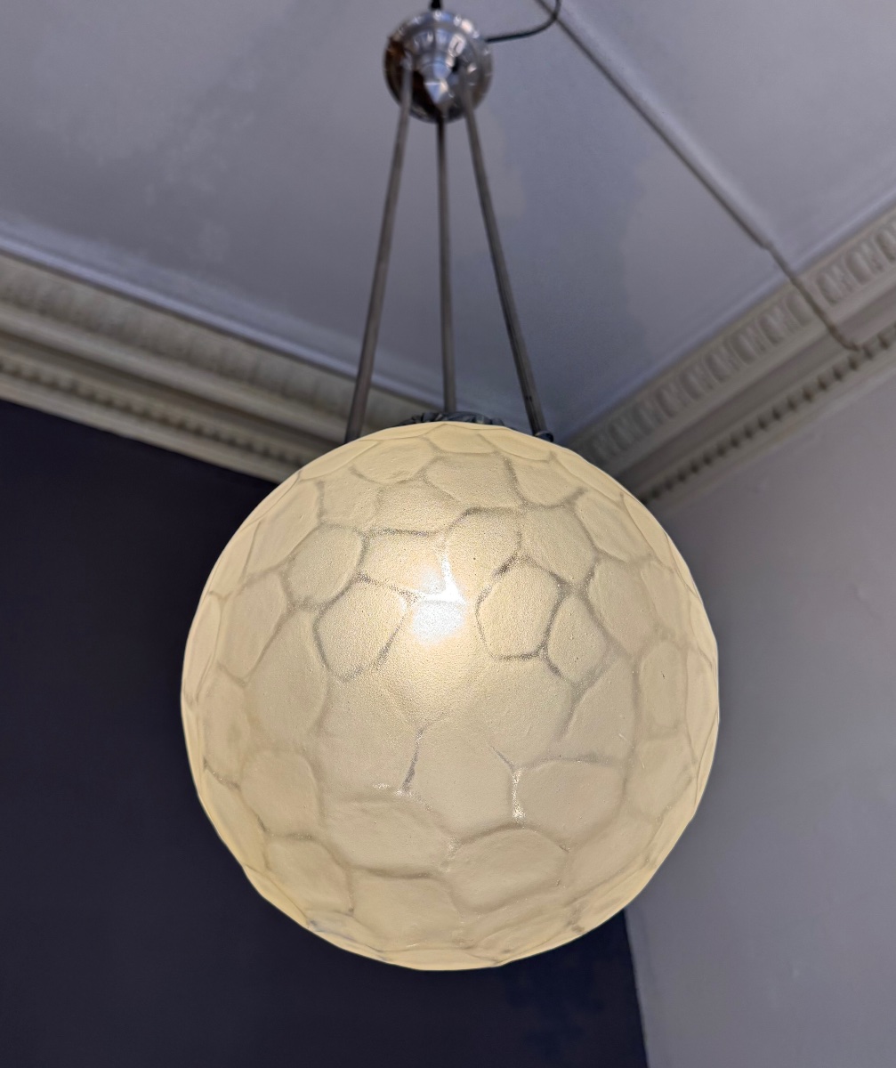 Grande Suspension Art Déco «  Boule à facettes » Genet & Michon / bronze nickelé ( deco 1930 ) -photo-1