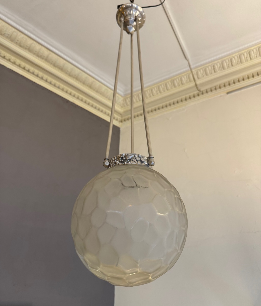 Grande Suspension Art Déco «  Boule à facettes » Genet & Michon / bronze nickelé ( deco 1930 ) -photo-3