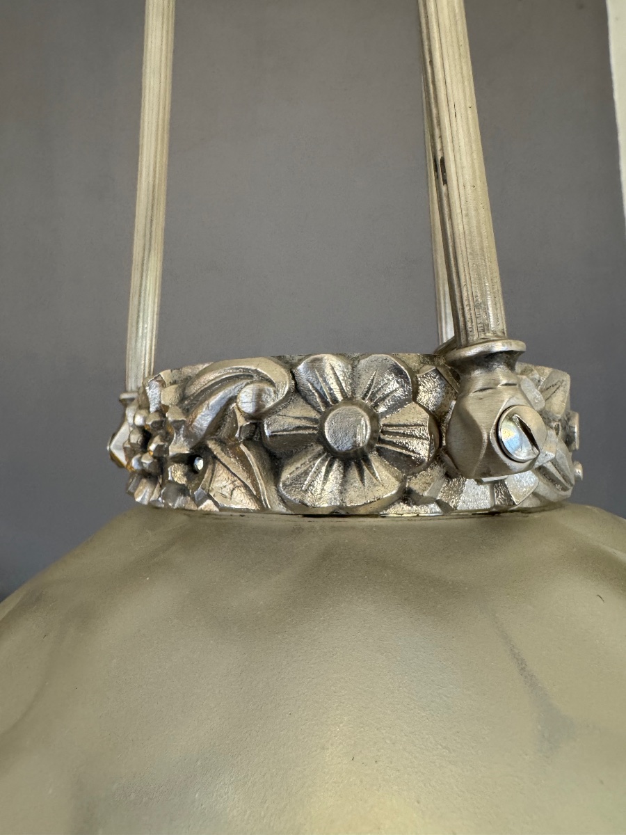 Grande Suspension Art Déco «  Boule à facettes » Genet & Michon / bronze nickelé ( deco 1930 ) -photo-6