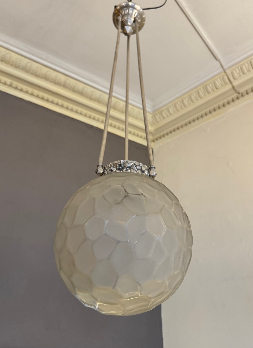 Grande Suspension Art Déco «  Boule à facettes » Genet & Michon / bronze nickelé ( deco 1930 ) -photo-7
