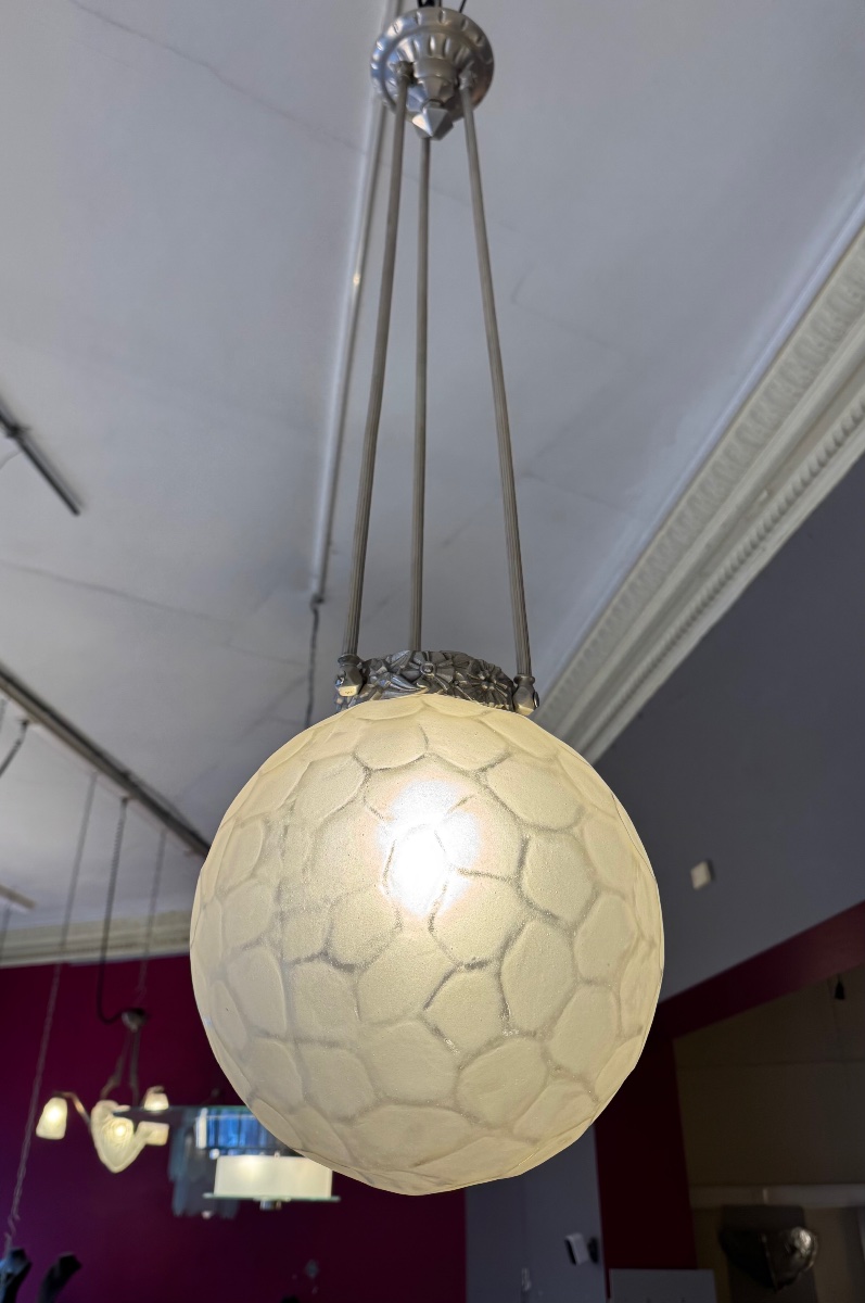 Grande Suspension Art Déco «  Boule à facettes » Genet & Michon / bronze nickelé ( deco 1930 ) -photo-8