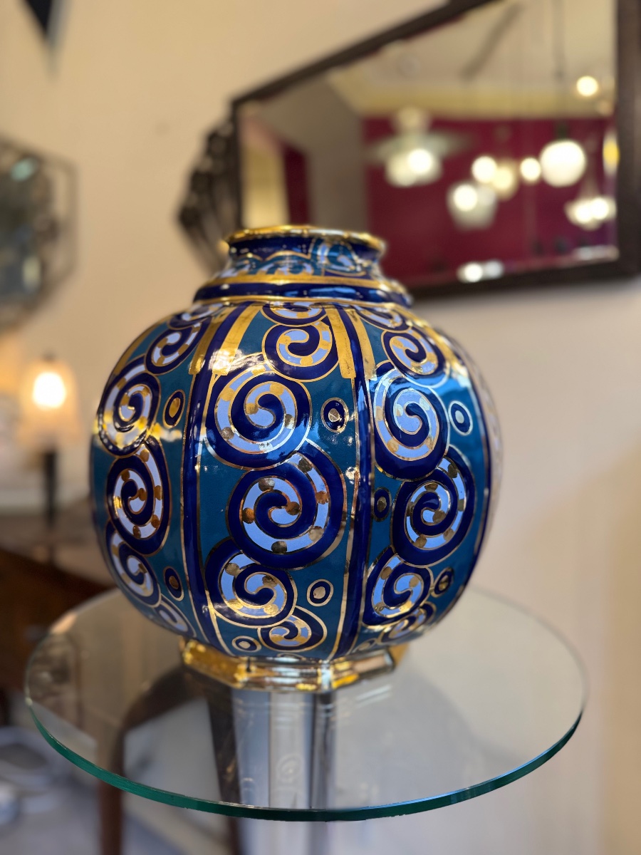 Important Art Deco "beveled Sphere" Vase, Signed Cérabelga / R. Chevalier (1930s) -photo-2