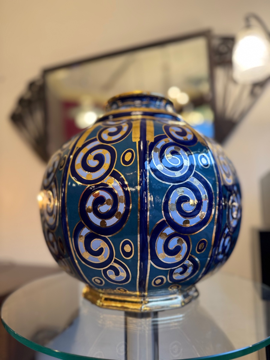 Important Art Deco "beveled Sphere" Vase, Signed Cérabelga / R. Chevalier (1930s) -photo-3