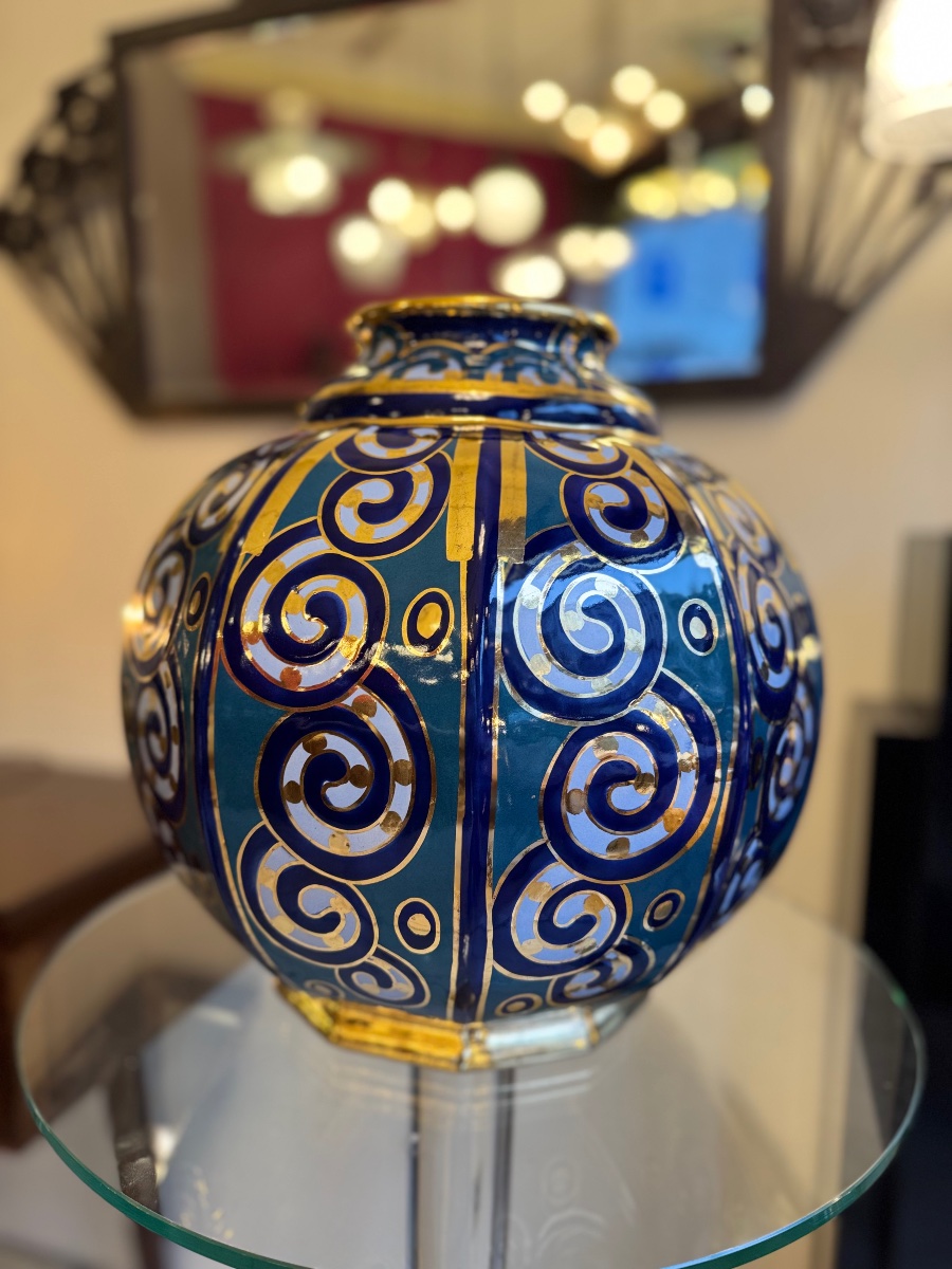 Important Art Deco "beveled Sphere" Vase, Signed Cérabelga / R. Chevalier (1930s) -photo-4