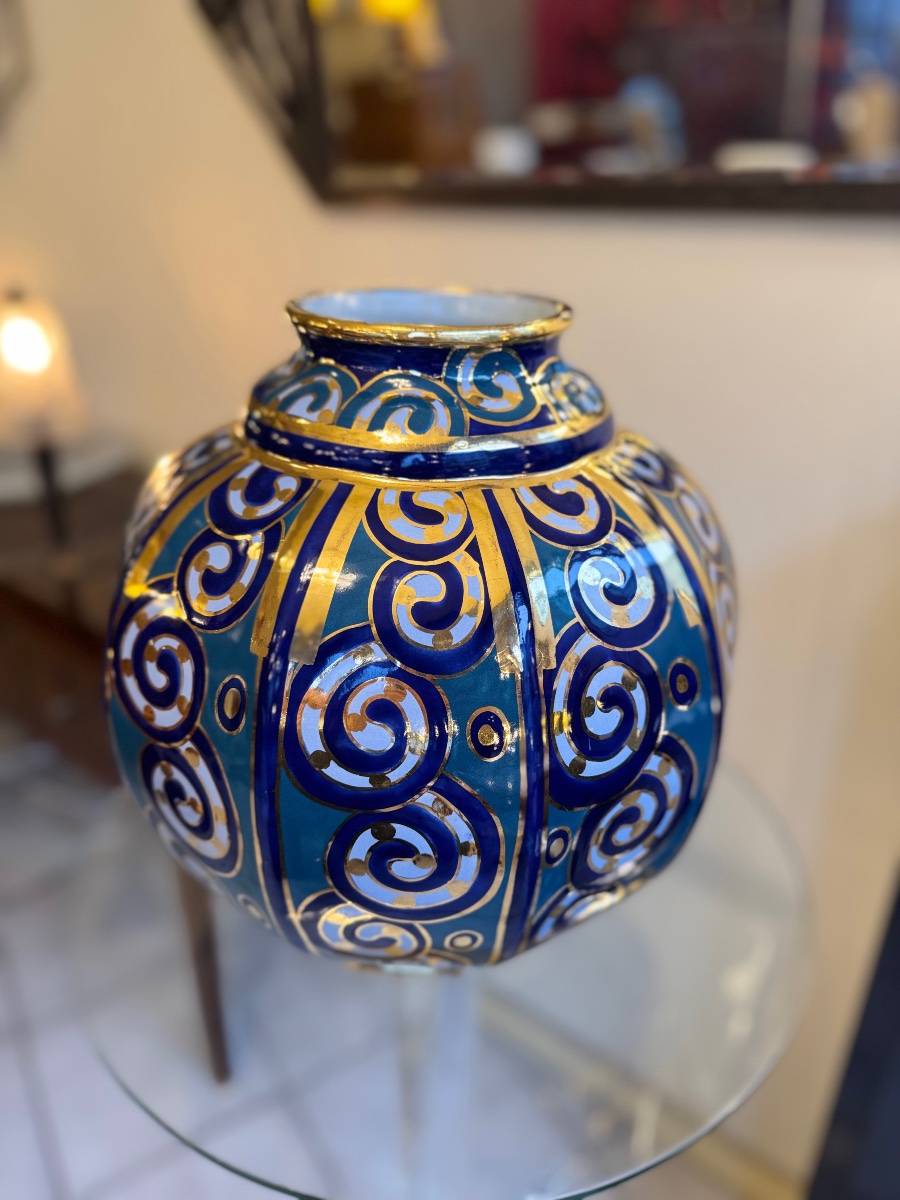 Important Art Deco "beveled Sphere" Vase, Signed Cérabelga / R. Chevalier (1930s) -photo-1