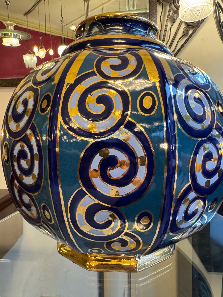 Important Art Deco "beveled Sphere" Vase, Signed Cérabelga / R. Chevalier (1930s) -photo-3