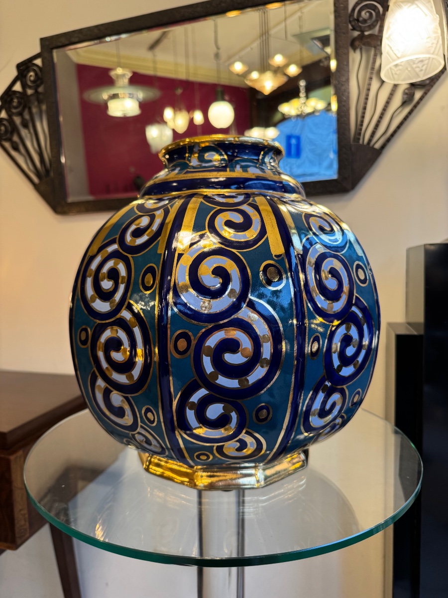 Important Art Deco "beveled Sphere" Vase, Signed Cérabelga / R. Chevalier (1930s) -photo-5