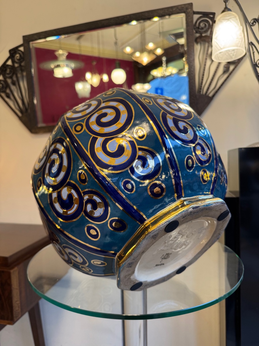 Important Art Deco "beveled Sphere" Vase, Signed Cérabelga / R. Chevalier (1930s) -photo-7