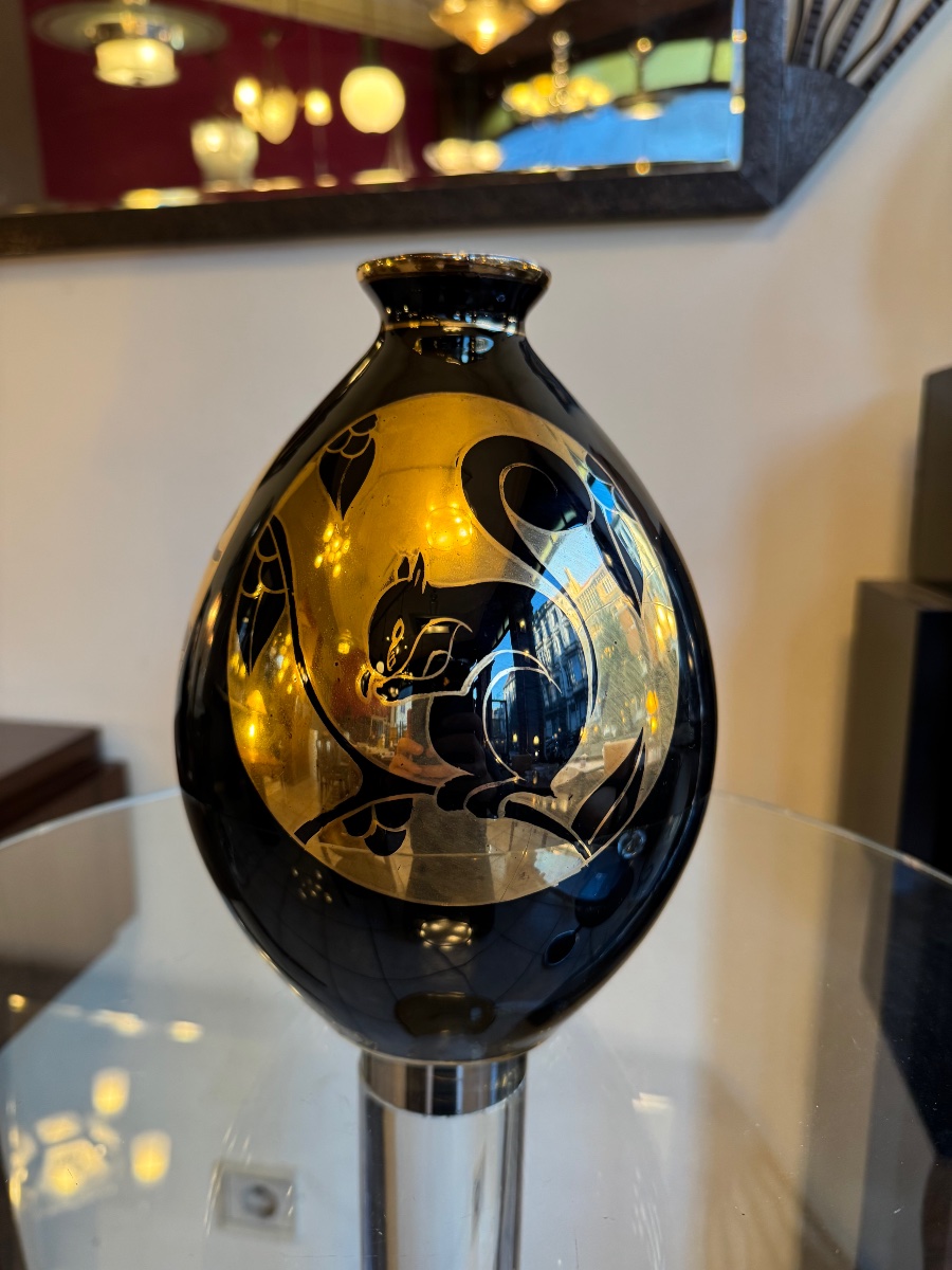 Vase Art Déco « Aux Écureils » Signé Boch Frères Kéramis D. 2137 / Faïence émaillée ( deco 1930-photo-4
