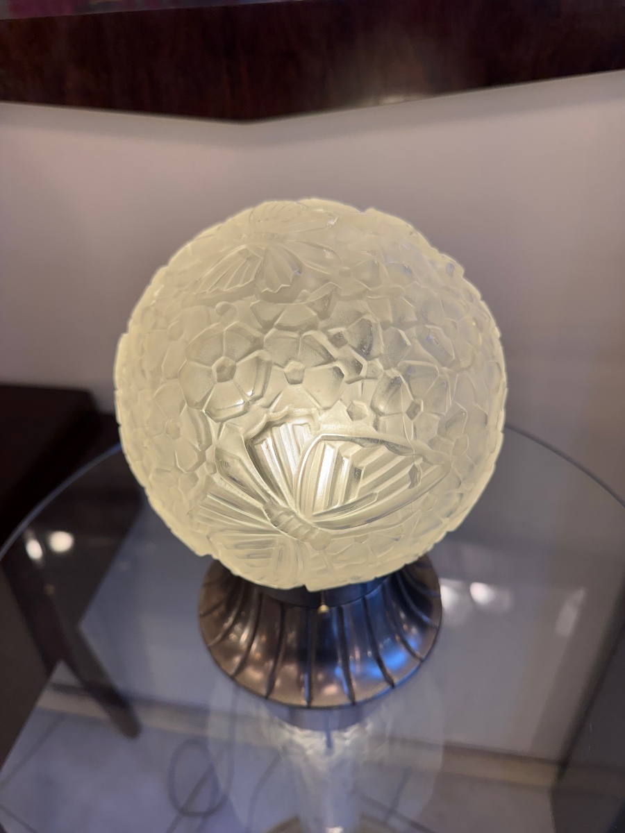 Art Deco Table Lamp “boule Papillon” No. B4 - Hettier & Vincent / Nickel-plated Bronze (1930) -photo-4