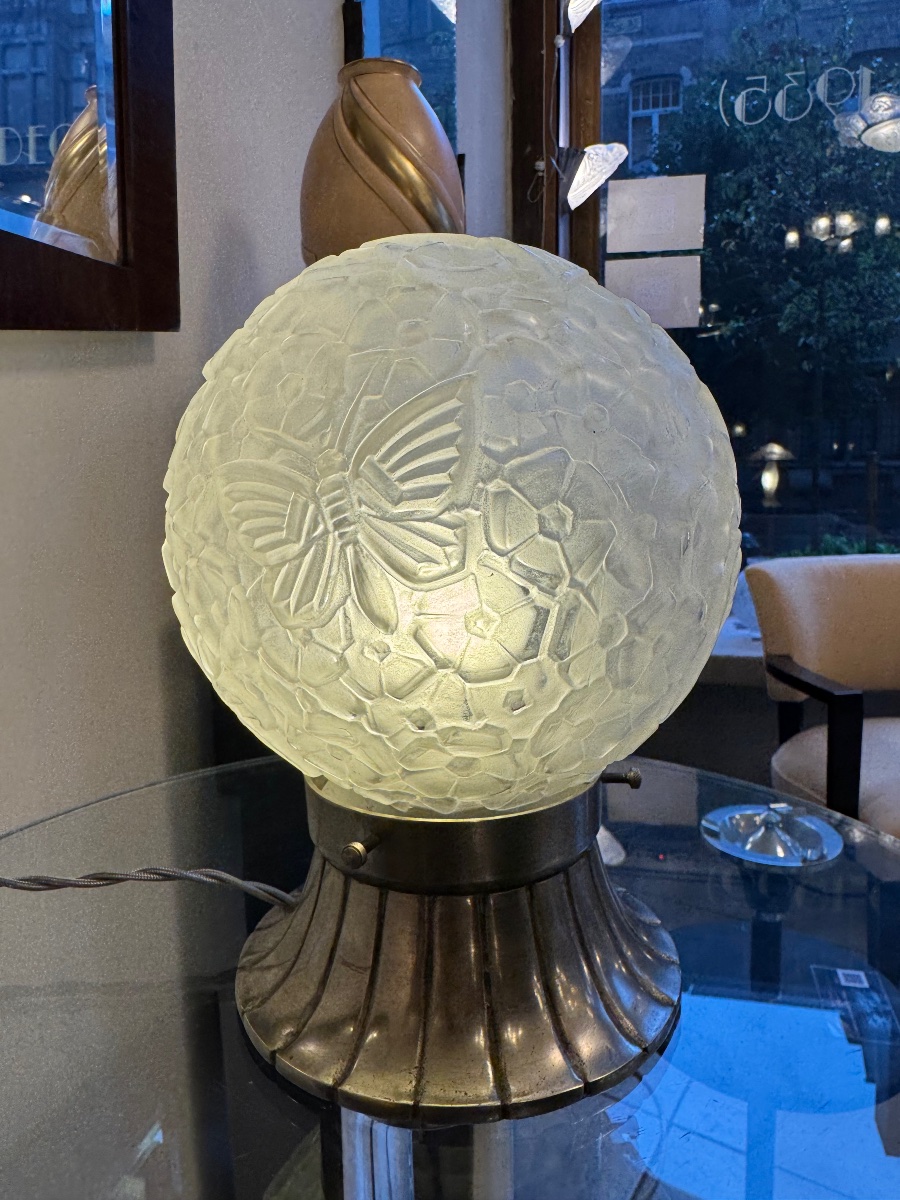 Art Deco Table Lamp “boule Papillon” No. B4 - Hettier & Vincent / Nickel-plated Bronze (1930) -photo-2