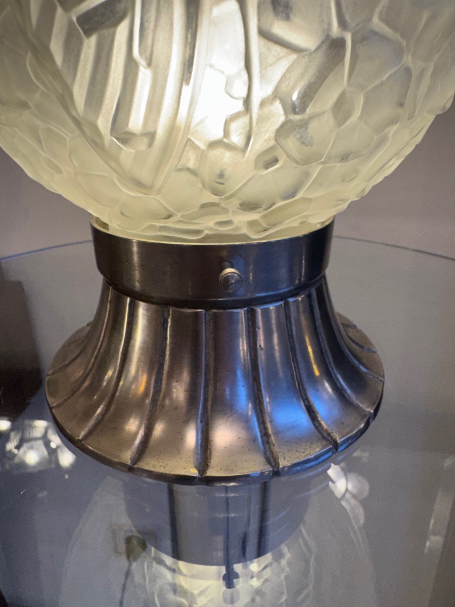 Art Deco Table Lamp “boule Papillon” No. B4 - Hettier & Vincent / Nickel-plated Bronze (1930) -photo-4