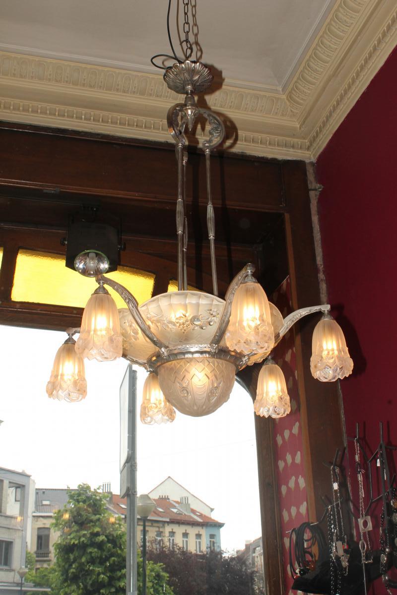 Chandelier Art Deco Signed Gilles With 6 Plates, 6 Tulips And One Obus (cat: Chandeliers Art Deco 1930)-photo-2