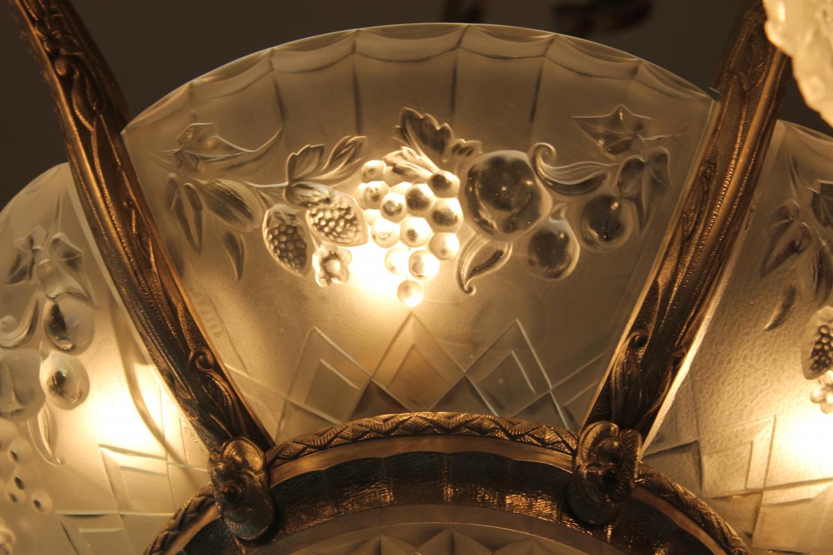 Chandelier Art Deco Signed Gilles With 6 Plates, 6 Tulips And One Obus (cat: Chandeliers Art Deco 1930)-photo-3