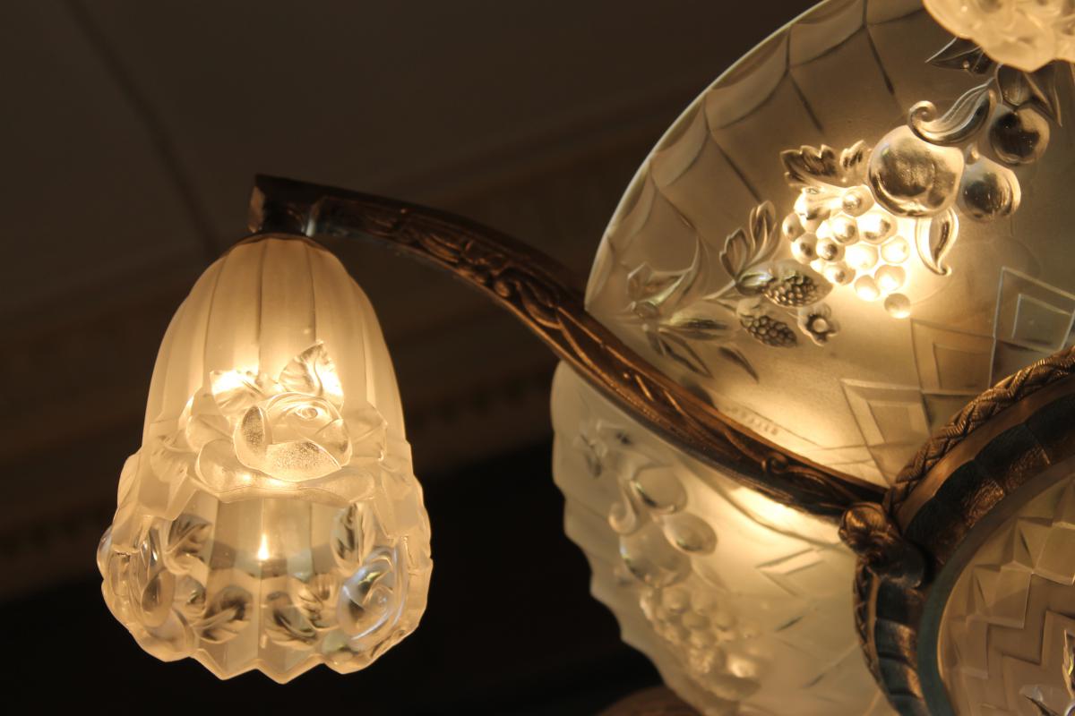 Chandelier Art Deco Signed Gilles With 6 Plates, 6 Tulips And One Obus (cat: Chandeliers Art Deco 1930)-photo-4