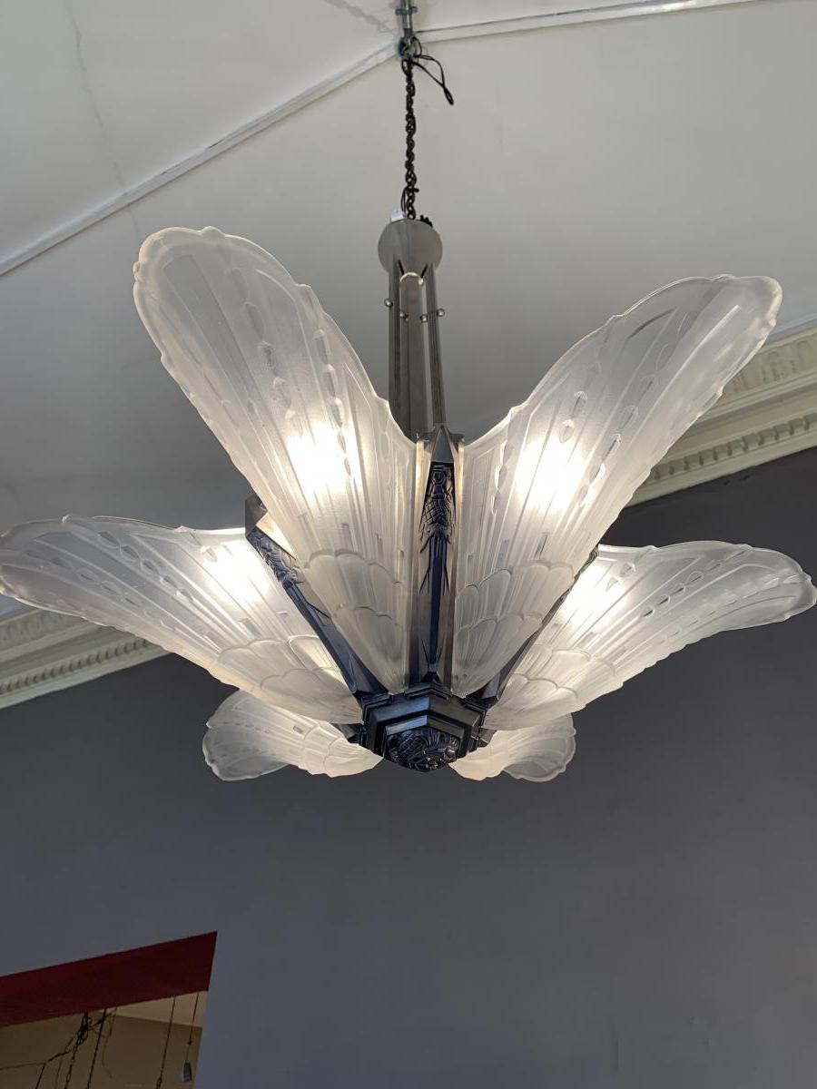 Lustre Art Deco EJG à 6 cornets de verre moulé-pressé (cat: -photo-2