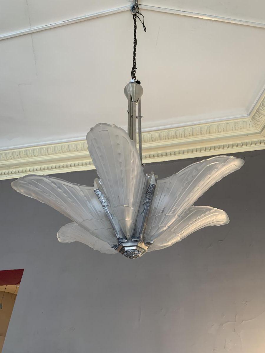 Lustre Art Deco EJG à 6 cornets de verre moulé-pressé (cat: -photo-6