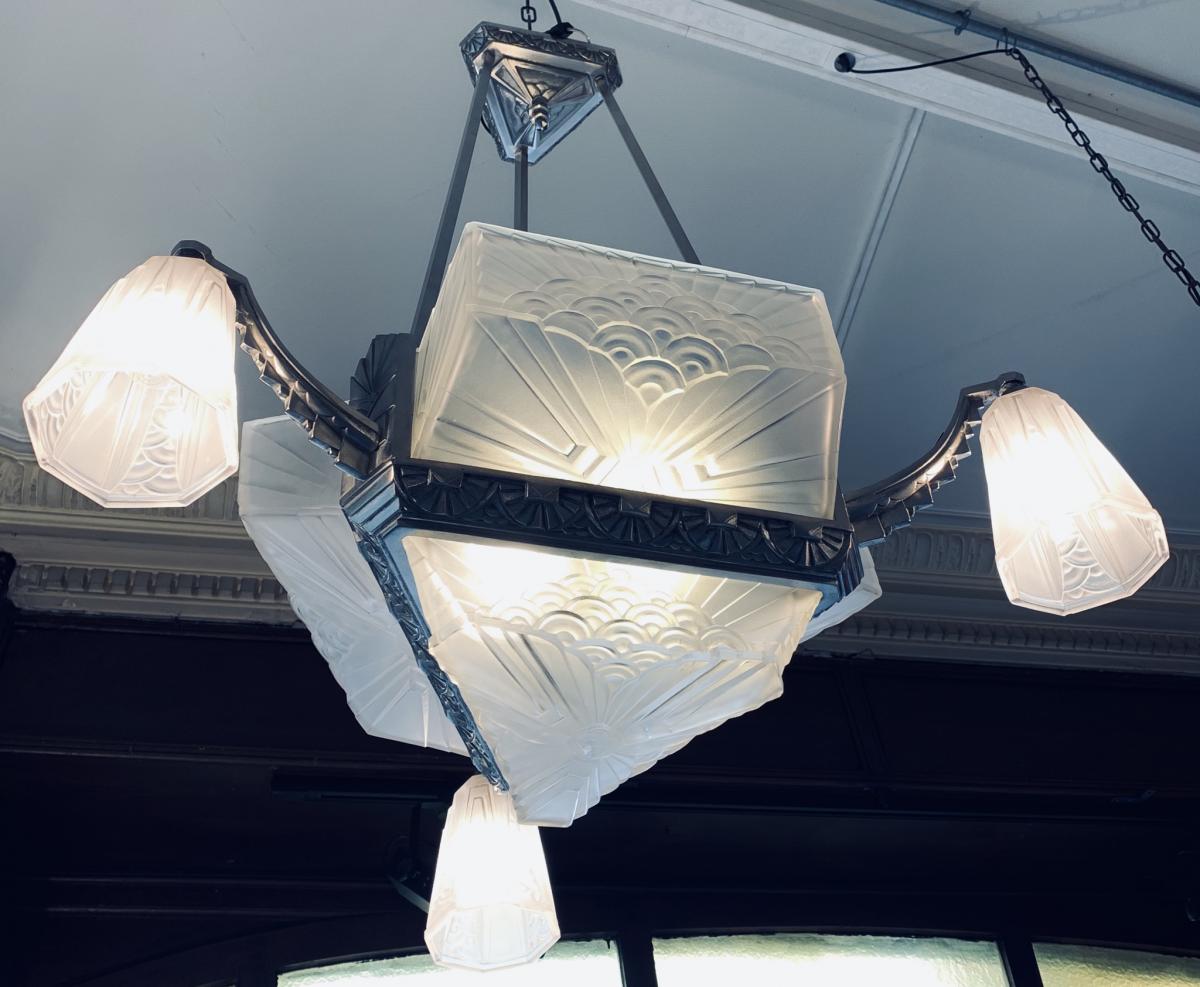 Lustre Art Deco Signé Schneider En Bronze Nickelé (cat: Lustres Art Déco 1930)-photo-2