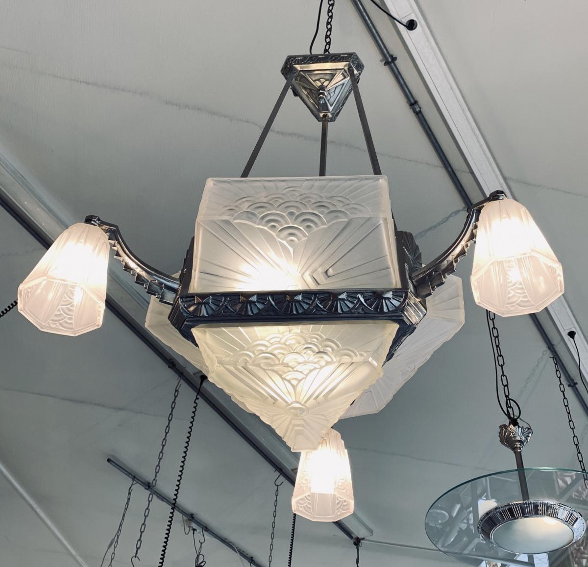 Lustre Art Deco Signé Schneider En Bronze Nickelé (cat: Lustres Art Déco 1930)-photo-3