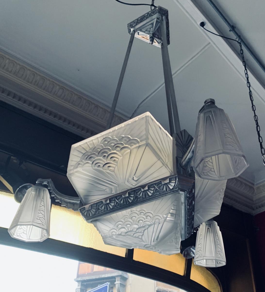 Lustre Art Deco Signé Schneider En Bronze Nickelé (cat: Lustres Art Déco 1930)-photo-1