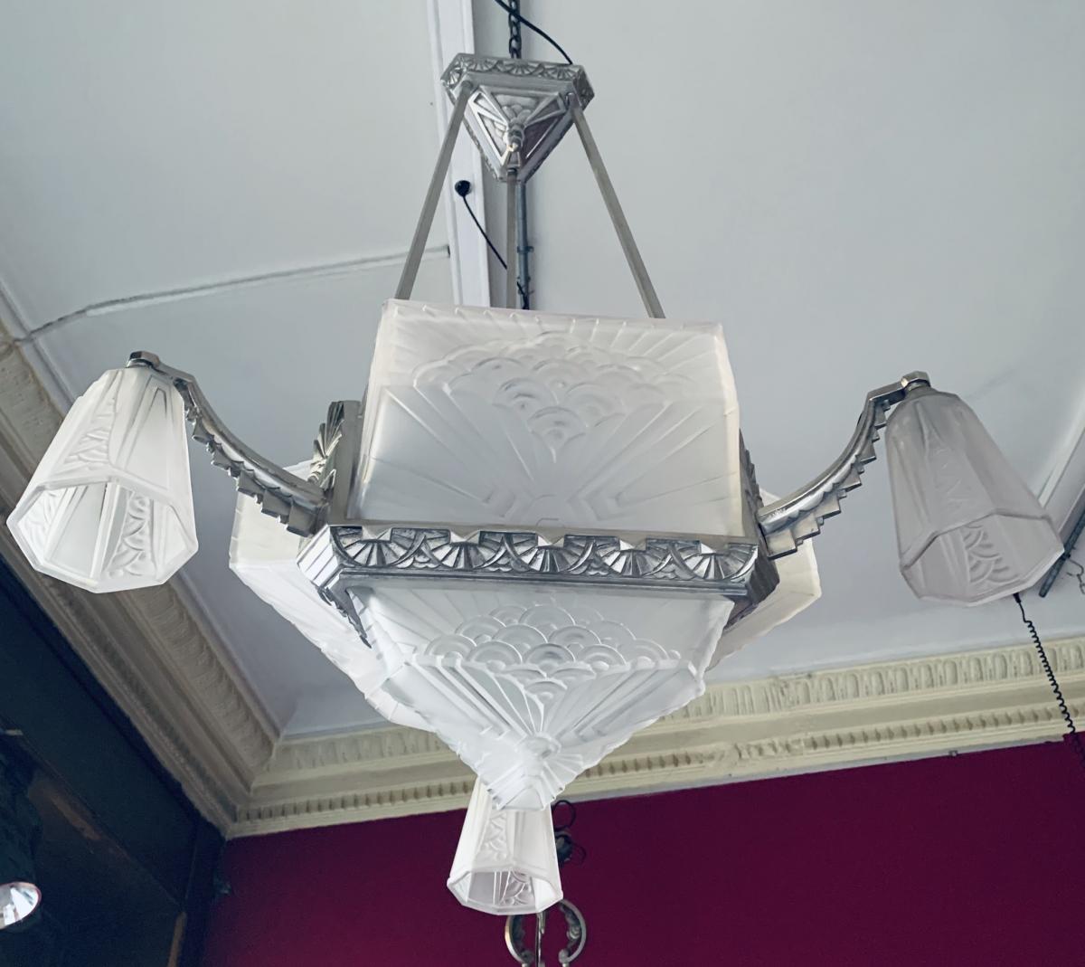 Lustre Art Deco Signé Schneider En Bronze Nickelé (cat: Lustres Art Déco 1930)-photo-2