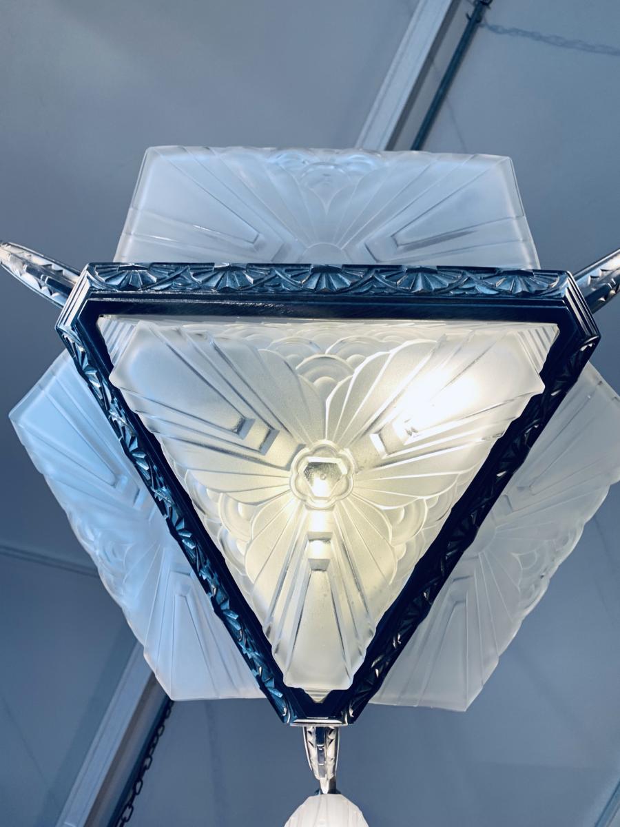 Lustre Art Deco Signé Schneider En Bronze Nickelé (cat: Lustres Art Déco 1930)-photo-4