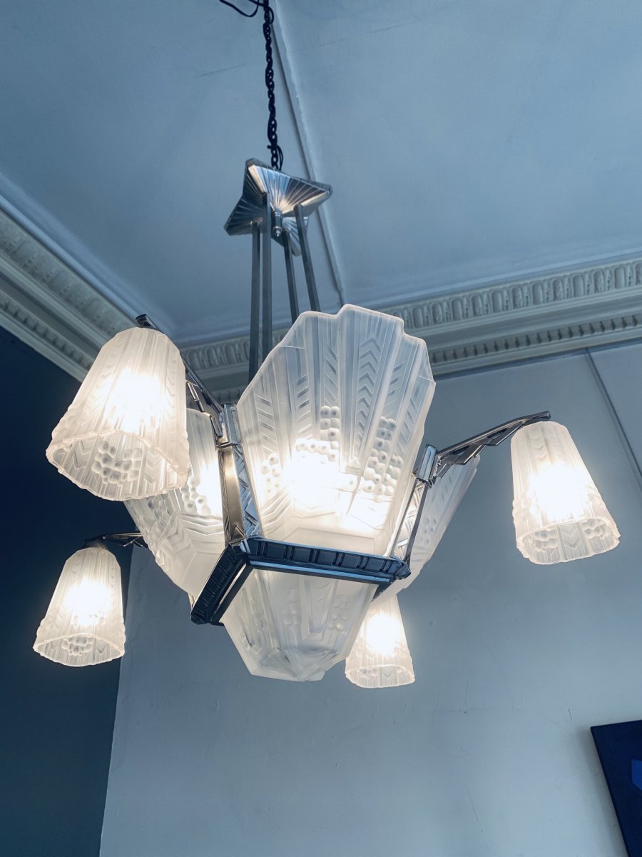 Lustre Art Deco EJG à 4 Plaques De Verre Moulé-pressé(cat: Lustres Art Déco 1930)-photo-2