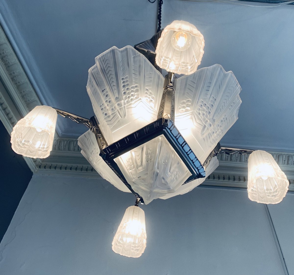 Lustre Art Deco EJG à 4 Plaques De Verre Moulé-pressé(cat: Lustres Art Déco 1930)-photo-3