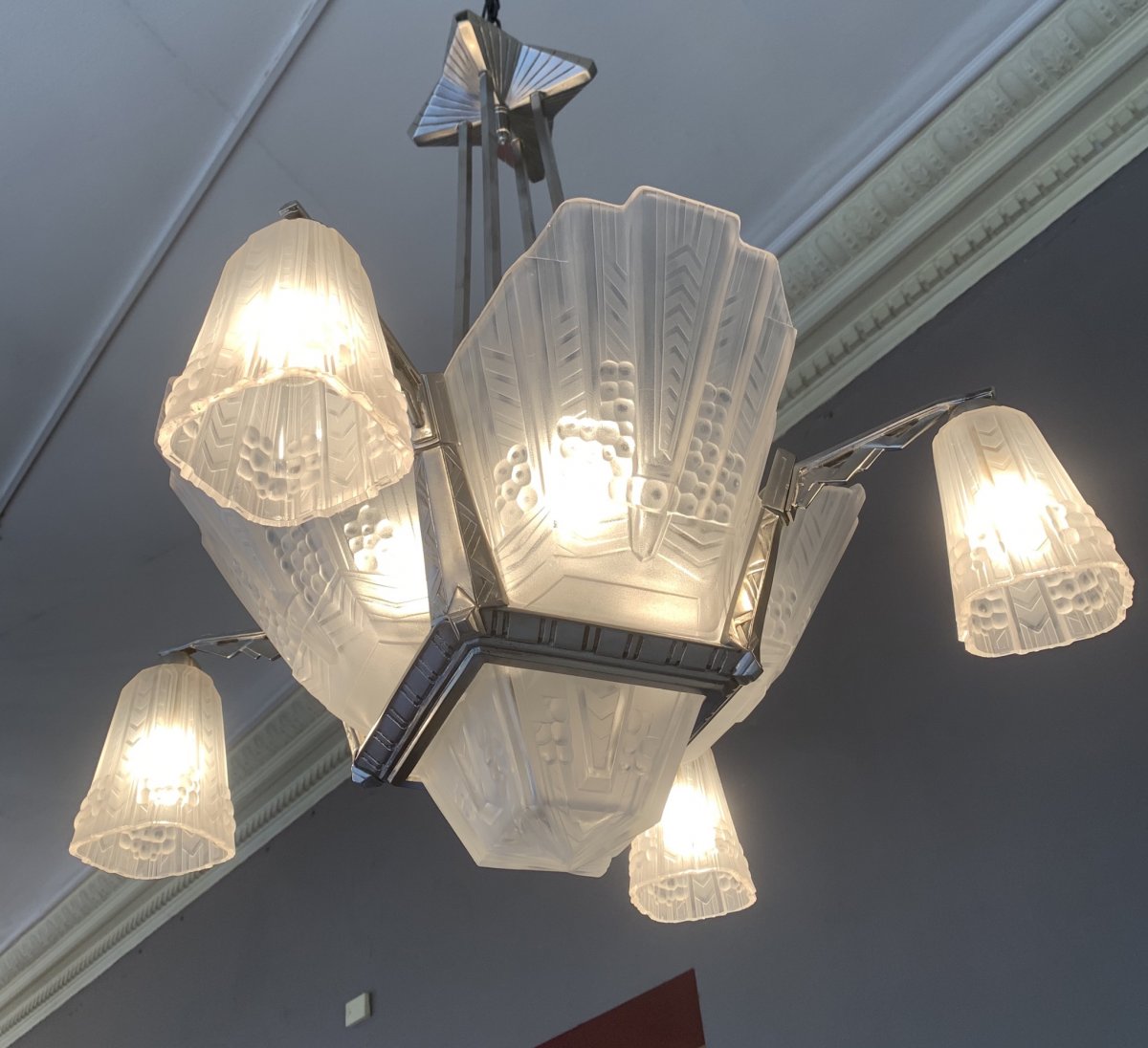Lustre Art Deco EJG à 4 Plaques De Verre Moulé-pressé(cat: Lustres Art Déco 1930)-photo-4