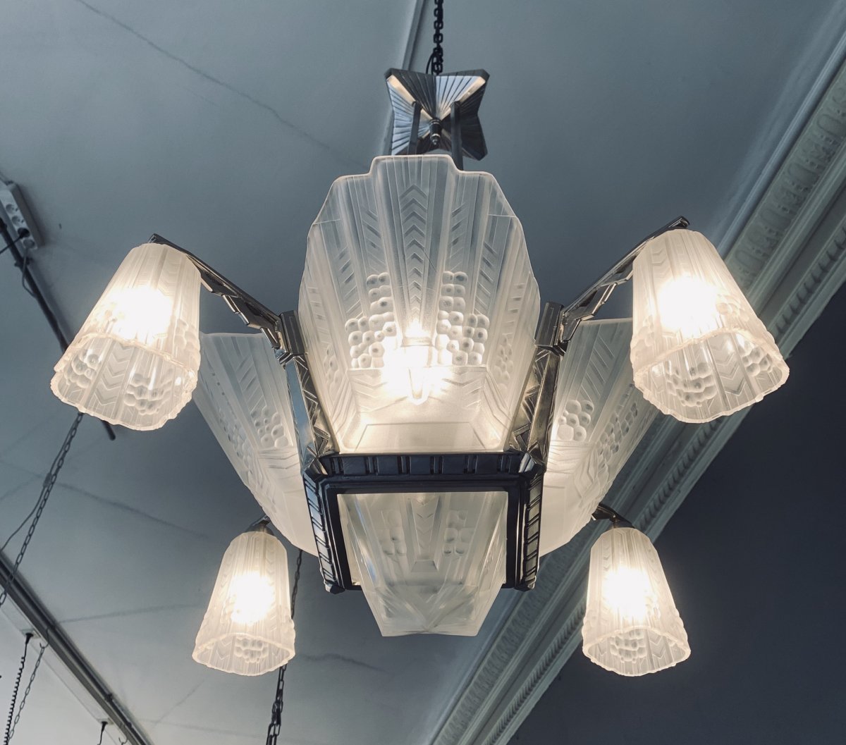 Lustre Art Deco EJG à 4 Plaques De Verre Moulé-pressé(cat: Lustres Art Déco 1930)-photo-2