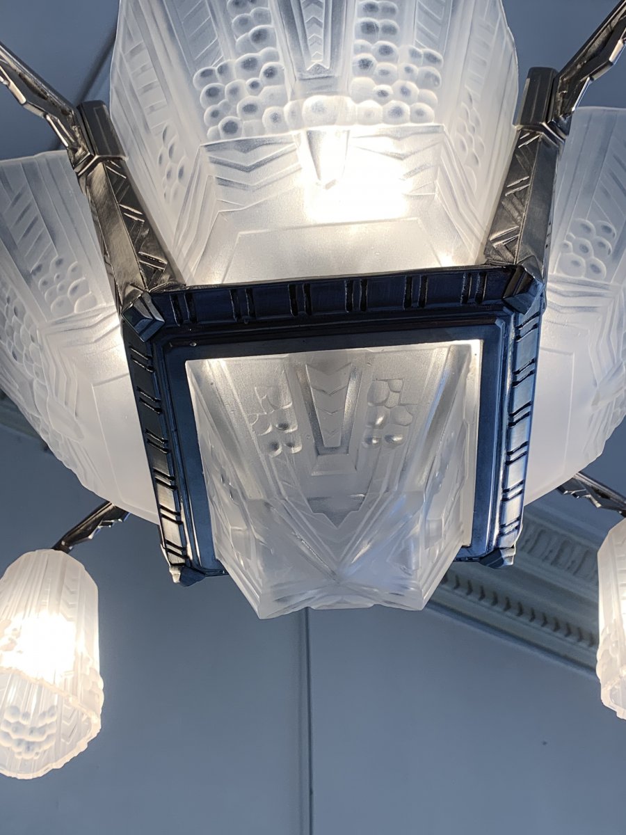 Lustre Art Deco EJG à 4 Plaques De Verre Moulé-pressé(cat: Lustres Art Déco 1930)-photo-7