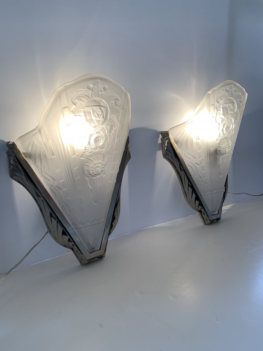 Pair Of Wall Art Deco Large Belgian Glass (cat: Applique Art Deco 1930)-photo-2