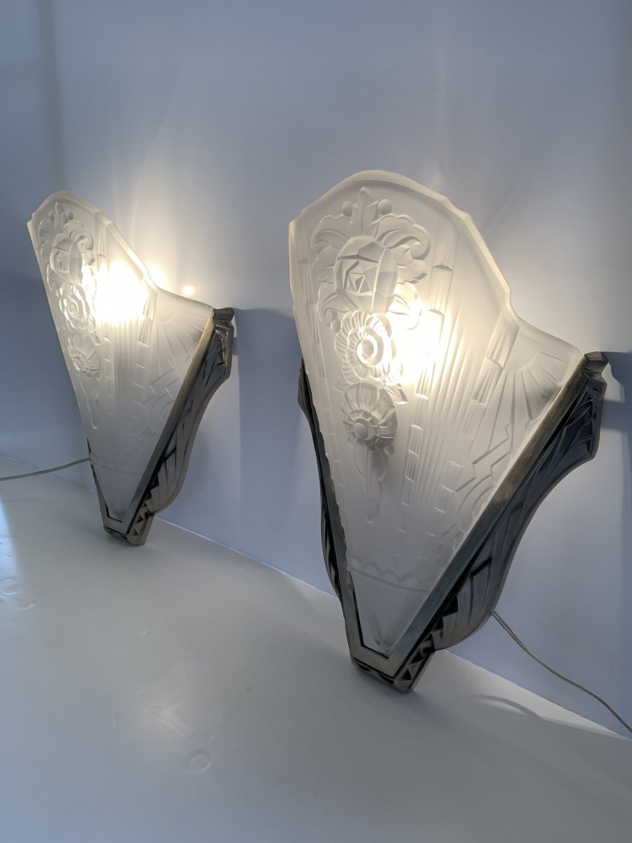 Pair Of Wall Art Deco Large Belgian Glass (cat: Applique Art Deco 1930)-photo-3