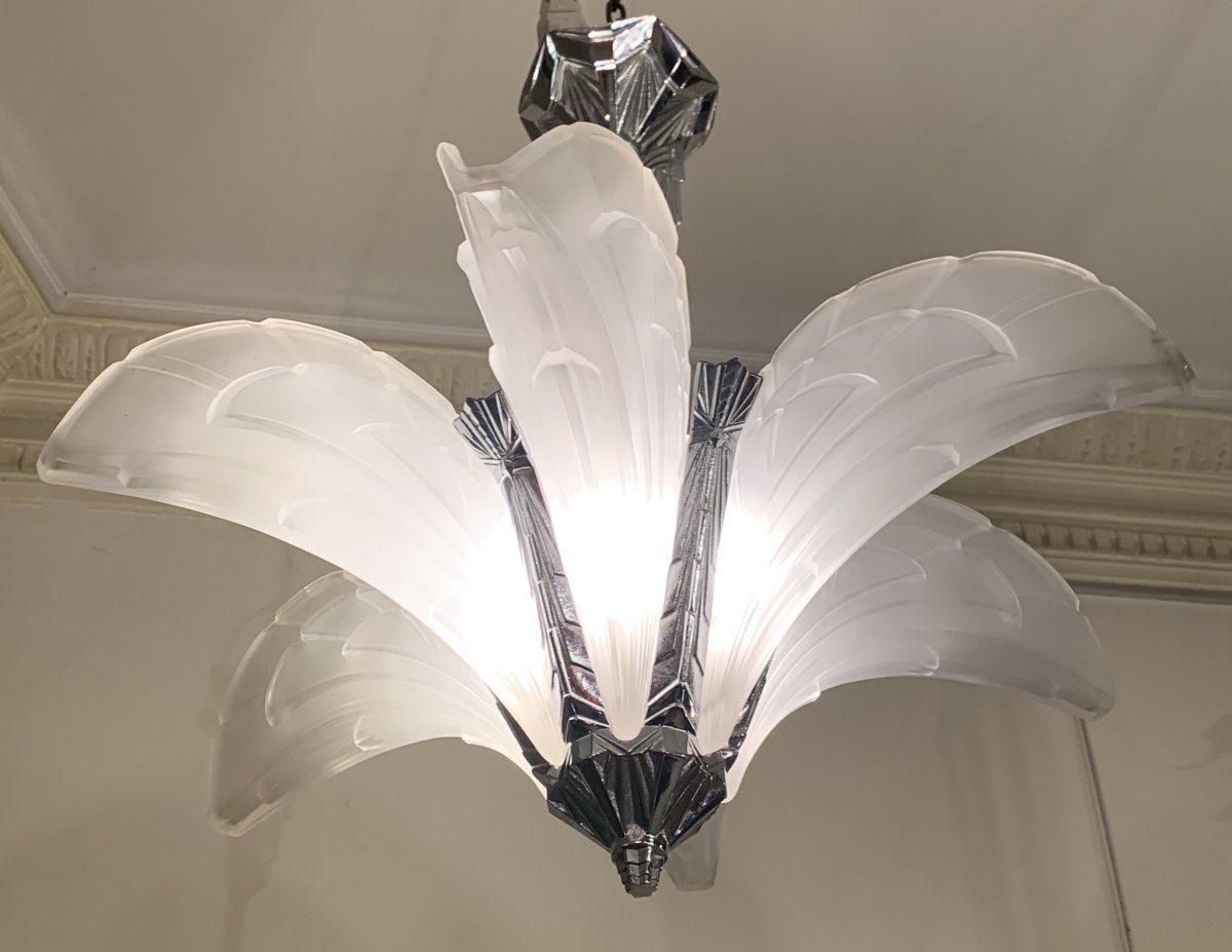 Art Deco Chandelier With 6 Cornets Signed Ejg (jean Gauthier) 1095 France (chandeliers 1930 Art Deco)-photo-2