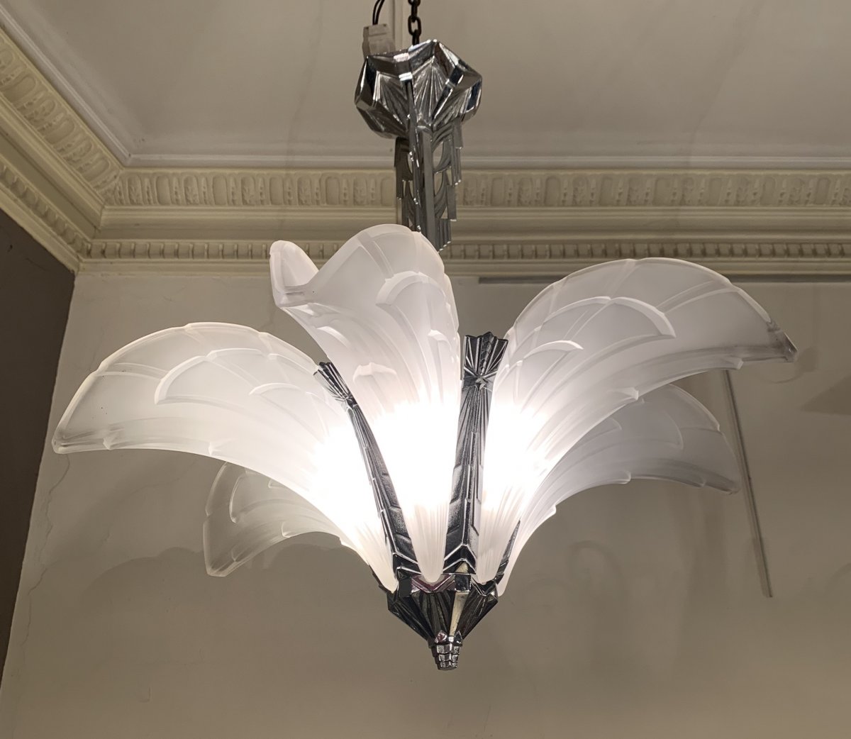 Art Deco Chandelier With 6 Cornets Signed Ejg (jean Gauthier) 1095 France (chandeliers 1930 Art Deco)-photo-3
