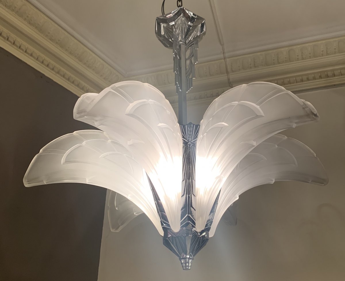 Art Deco Chandelier With 6 Cornets Signed Ejg (jean Gauthier) 1095 France (chandeliers 1930 Art Deco)-photo-2