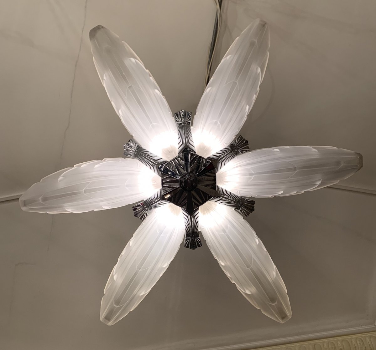 Art Deco Chandelier With 6 Cornets Signed Ejg (jean Gauthier) 1095 France (chandeliers 1930 Art Deco)-photo-3