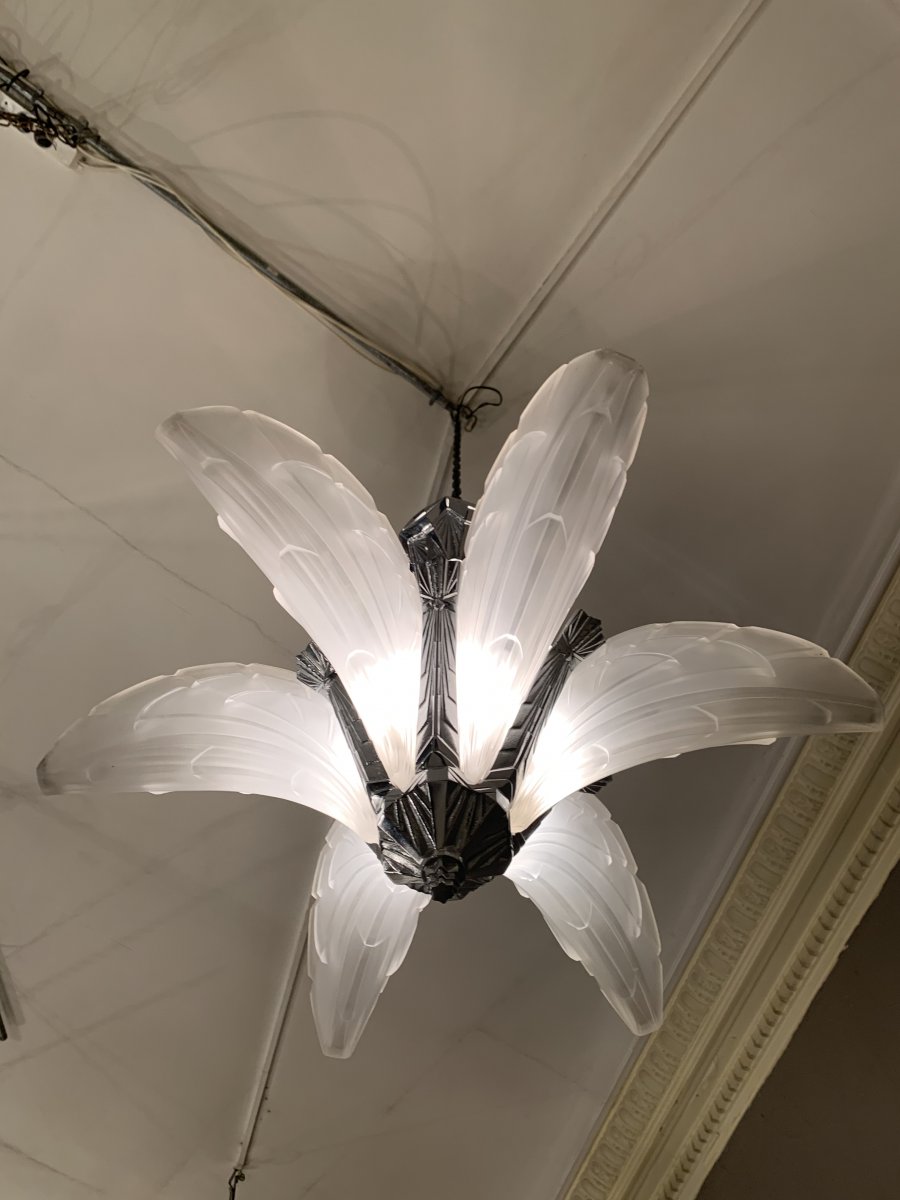 Art Deco Chandelier With 6 Cornets Signed Ejg (jean Gauthier) 1095 France (chandeliers 1930 Art Deco)-photo-4