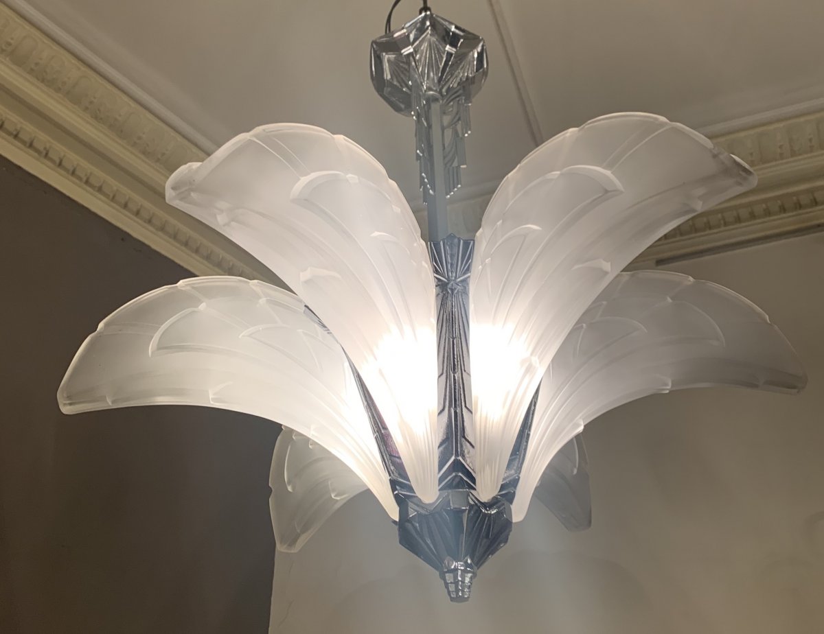 Art Deco Chandelier With 6 Cornets Signed Ejg (jean Gauthier) 1095 France (chandeliers 1930 Art Deco)-photo-6