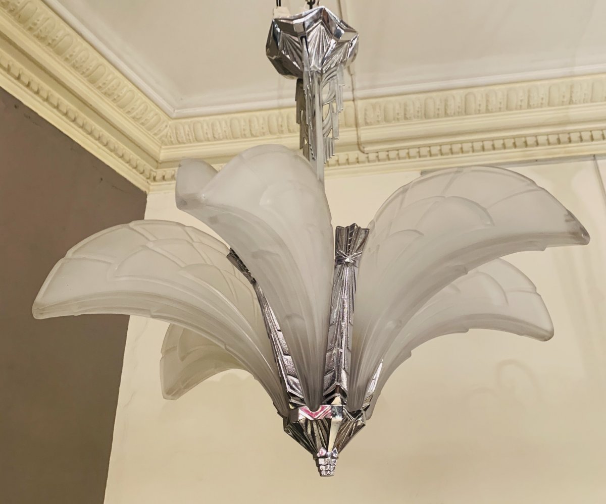 Art Deco Chandelier With 6 Cornets Signed Ejg (jean Gauthier) 1095 France (chandeliers 1930 Art Deco)-photo-7