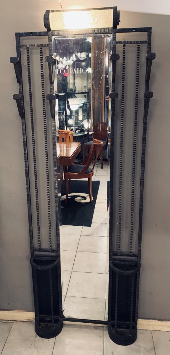 Portemanteau Art Deco Miroir Central Et Verrerie Sabino(dans Le Goût De Brandt - Art Déco 1930)-photo-1