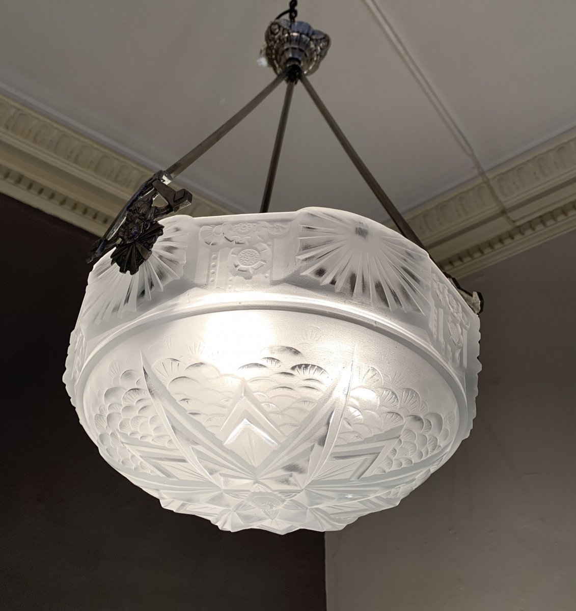 Suspension Art Deco Bronze Nickelé Signée Müller Frères (cat: Lustre/plafonnier Art Déco 1930)-photo-1
