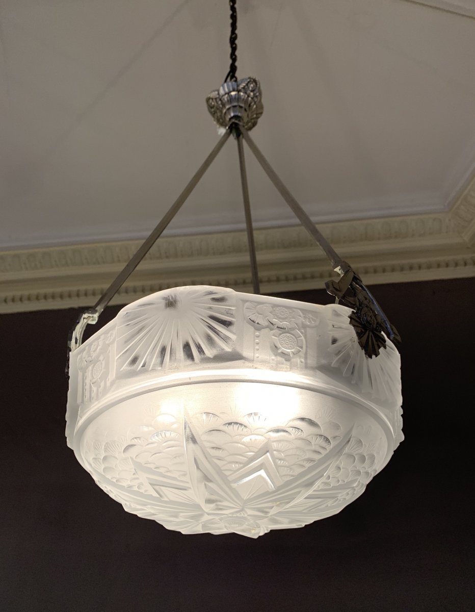 Suspension Art Deco Bronze Nickelé Signée Müller Frères (cat: Lustre/plafonnier Art Déco 1930)