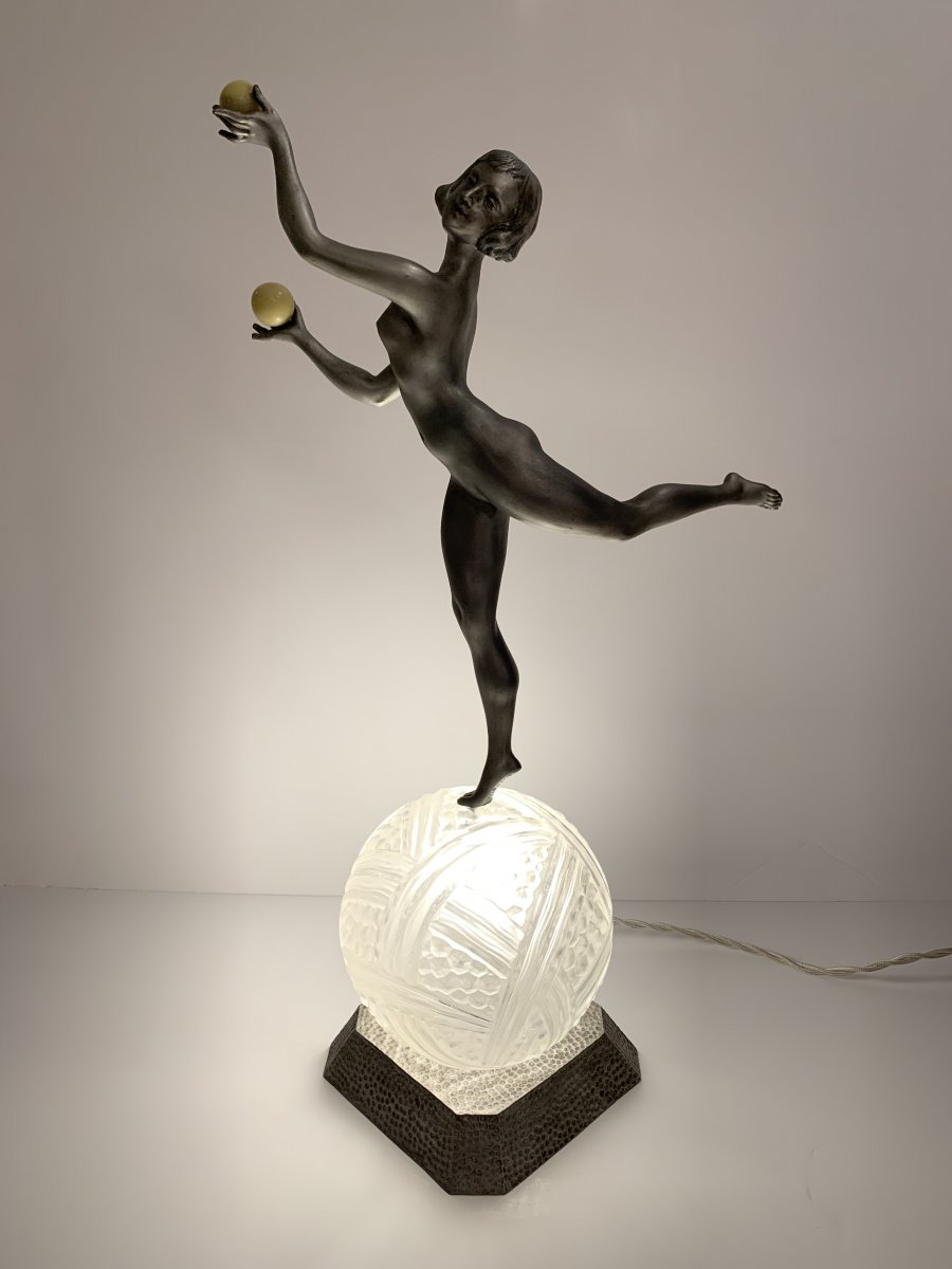 Lampe Art Deco Danseuse Aux Boules Signé Limousin Sur Verrerie Hanots (lampes Art Déco 1930) 