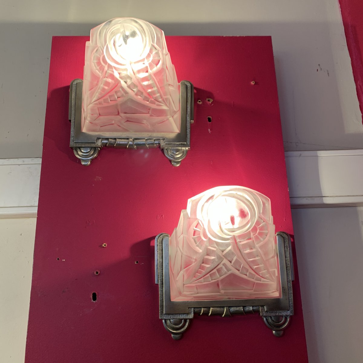 Pair Of Art Deco Degué Numbered Sconces [nickel-plated Bronze] (cat: Art Deco 1930 Sconce)-photo-3