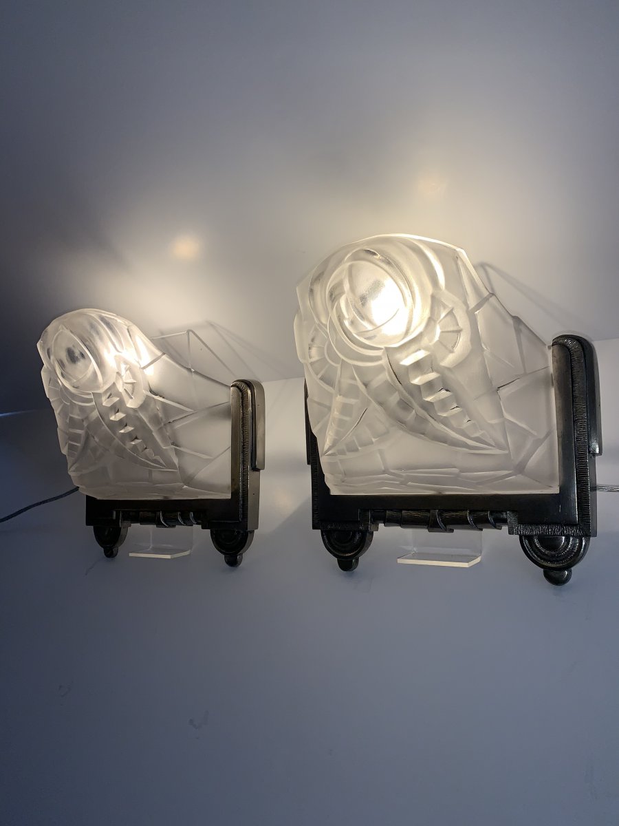 Pair Of Art Deco Degué Numbered Sconces [nickel-plated Bronze] (cat: Art Deco 1930 Sconce)-photo-4