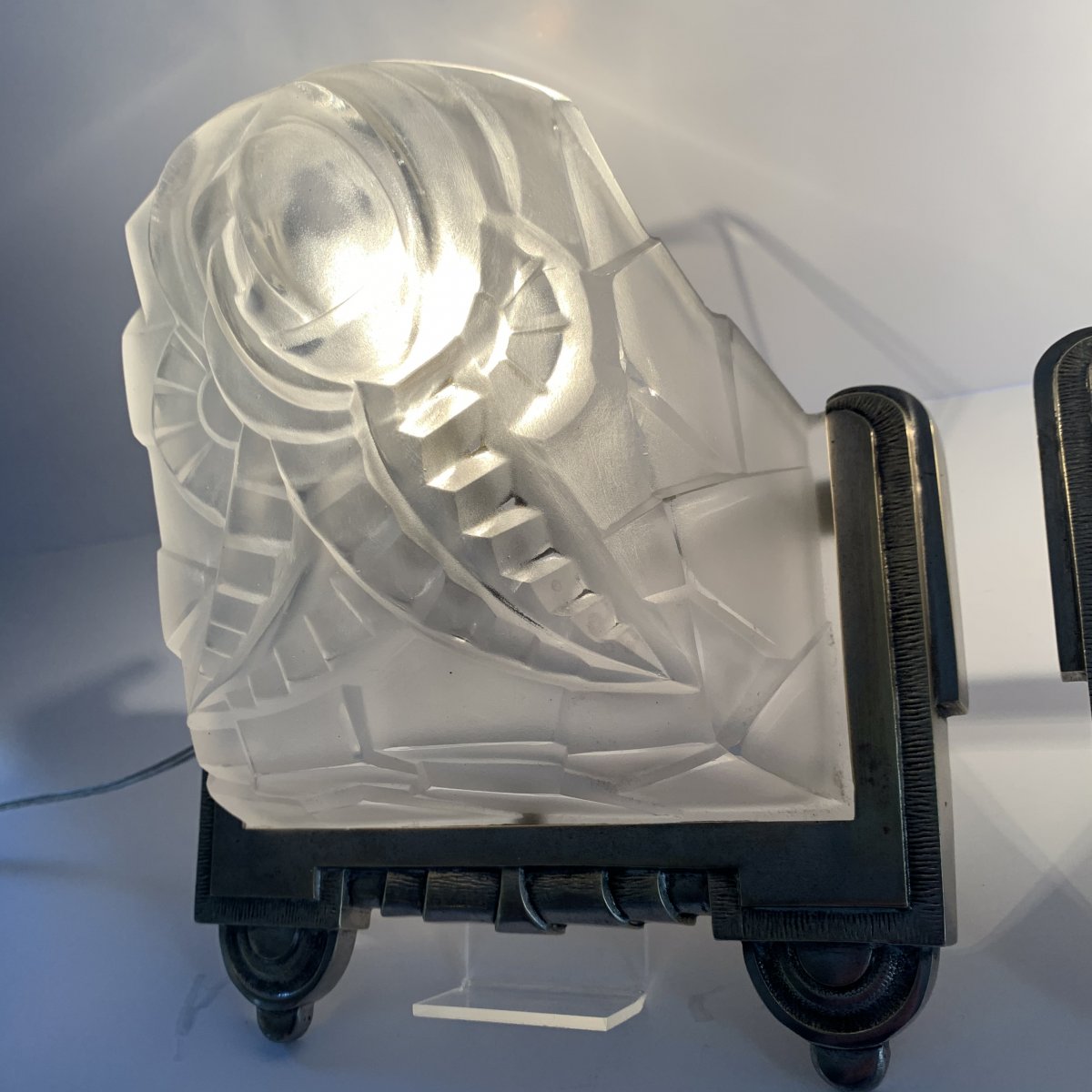 Pair Of Art Deco Degué Numbered Sconces [nickel-plated Bronze] (cat: Art Deco 1930 Sconce)-photo-1