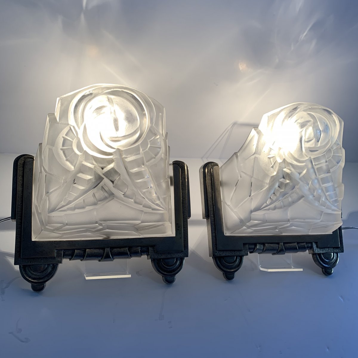 Pair Of Art Deco Degué Numbered Sconces [nickel-plated Bronze] (cat: Art Deco 1930 Sconce)-photo-2